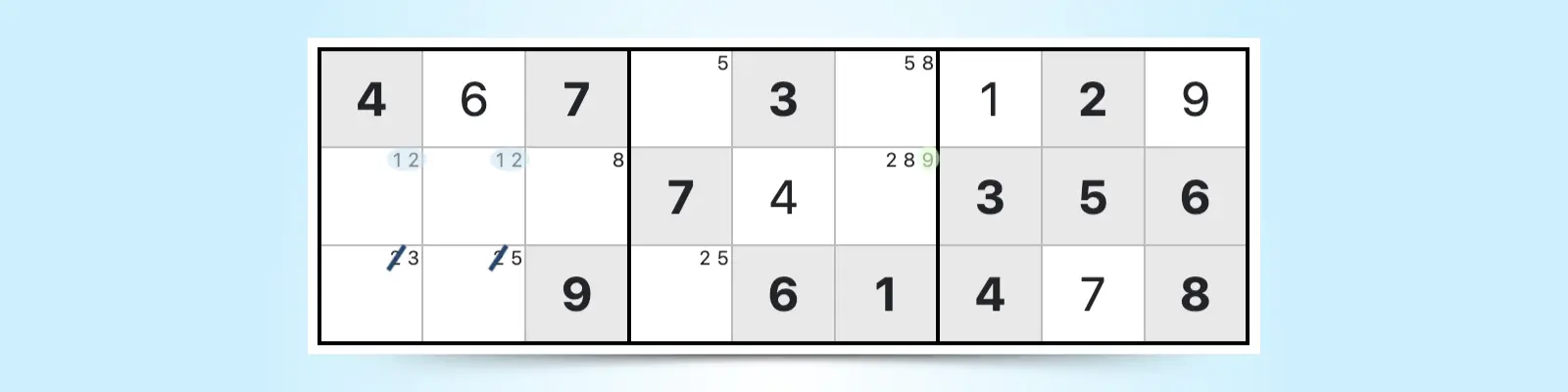  Sudoku blocks showing candidate number examples